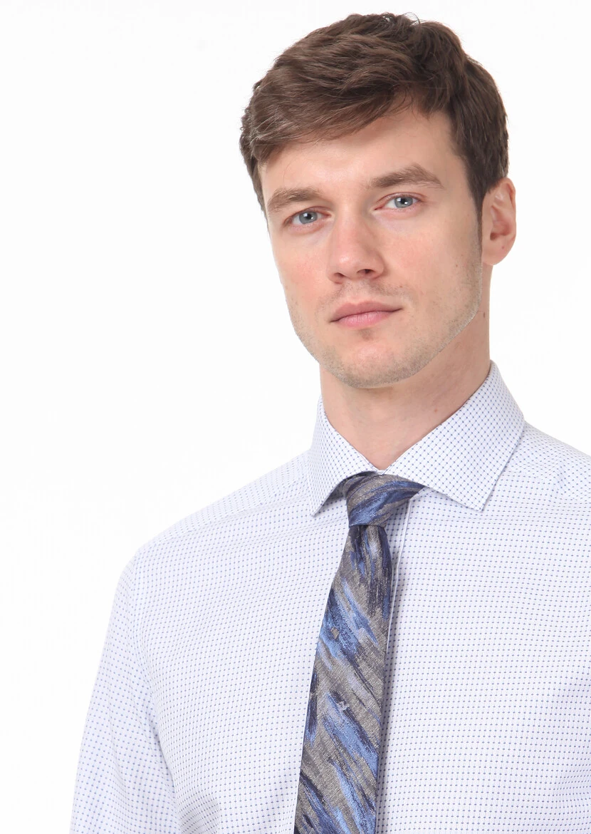 Blue Patterned Regular Fit Weaving Classical 100% Cotton Shirt - 2