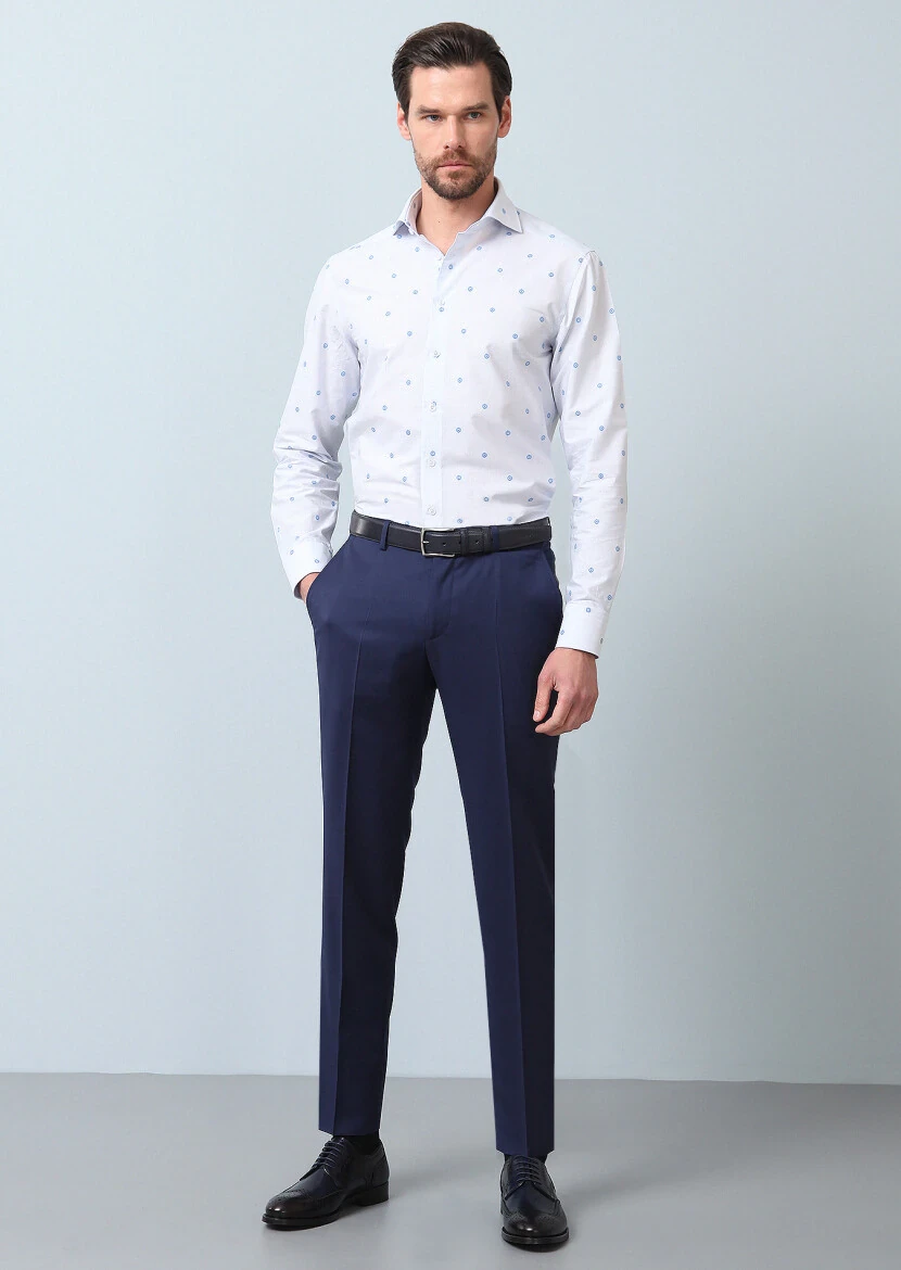 Blue Patterned Regular Fit Weaving Classical 100% Cotton Shirt - 3