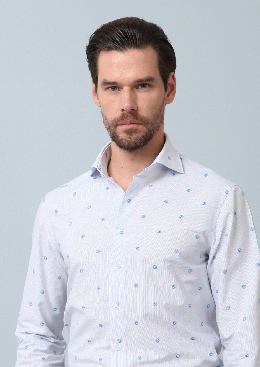 Blue Patterned Regular Fit Weaving Classical 100% Cotton Shirt - 5