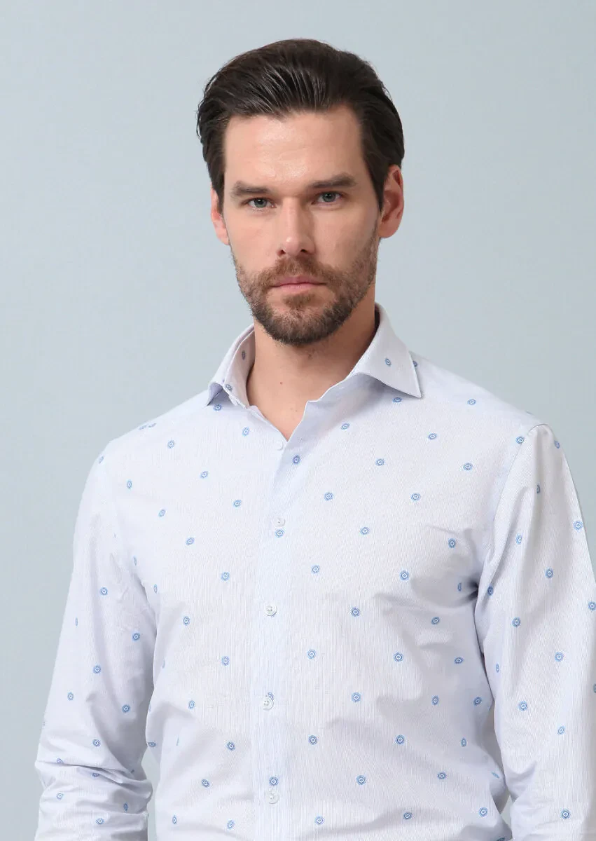 Blue Patterned Regular Fit Weaving Classical 100% Cotton Shirt - 5