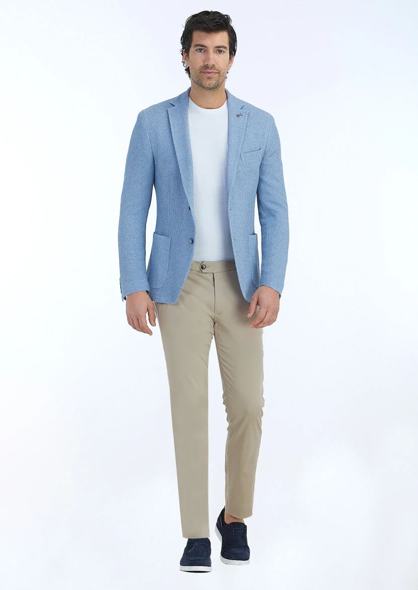 Blue Patterned Shirt Shoulder Slim Fit Cotton Blended Jacket - 1