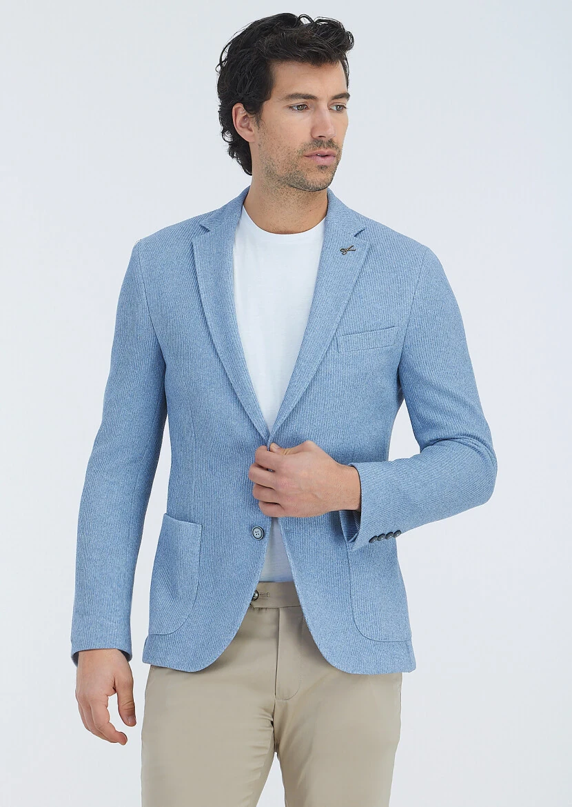 Blue Patterned Shirt Shoulder Slim Fit Cotton Blended Jacket - 2