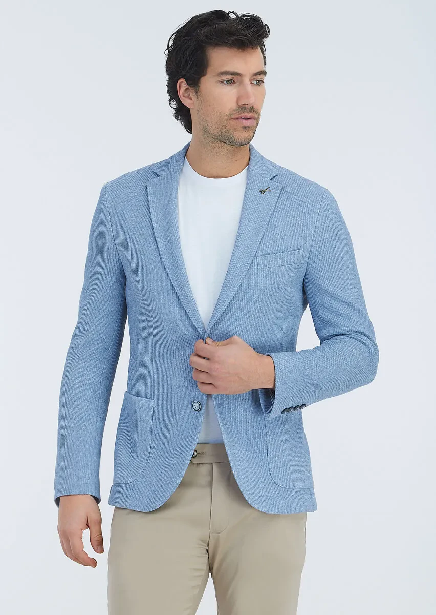 Blue Patterned Shirt Shoulder Slim Fit Cotton Blended Jacket - 2