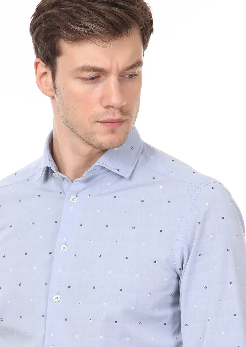 Blue Patterned Slim Fit Weaving Casual 100% Cotton Shirt - 2
