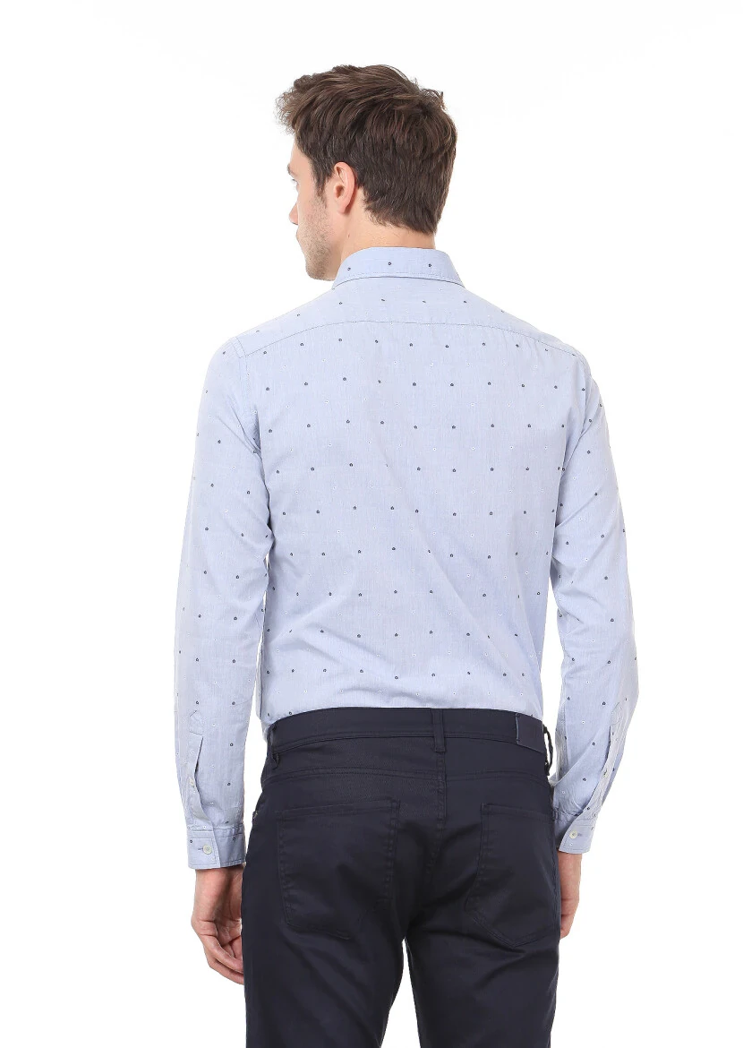 Blue Patterned Slim Fit Weaving Casual 100% Cotton Shirt - 4