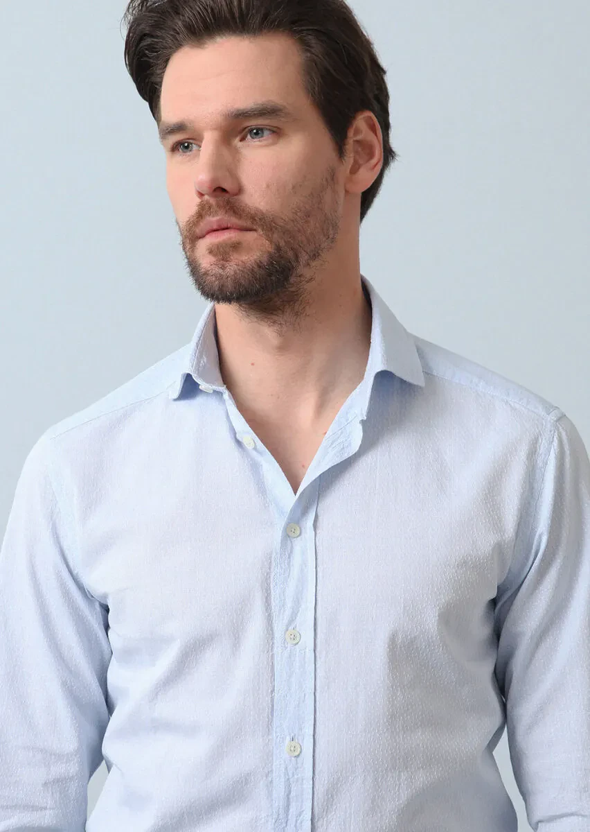 Blue Patterned Slim Fit Weaving Casual Cotton Blended Shirt - 1