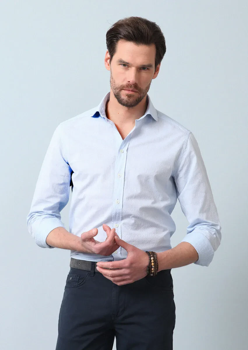 Blue Patterned Slim Fit Weaving Casual Cotton Blended Shirt - 2