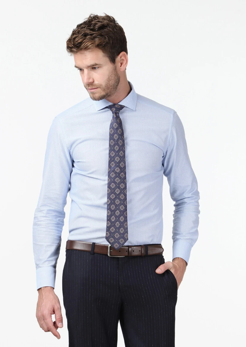 Blue Patterned Slim Fit Weaving Classical 100% Cotton Shirt - 1