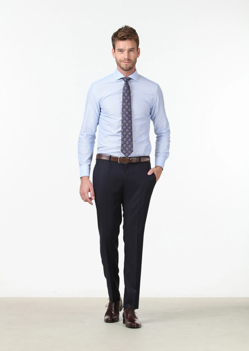 Blue Patterned Slim Fit Weaving Classical 100% Cotton Shirt - 2