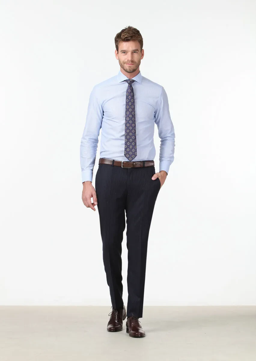 Blue Patterned Slim Fit Weaving Classical 100% Cotton Shirt - 2