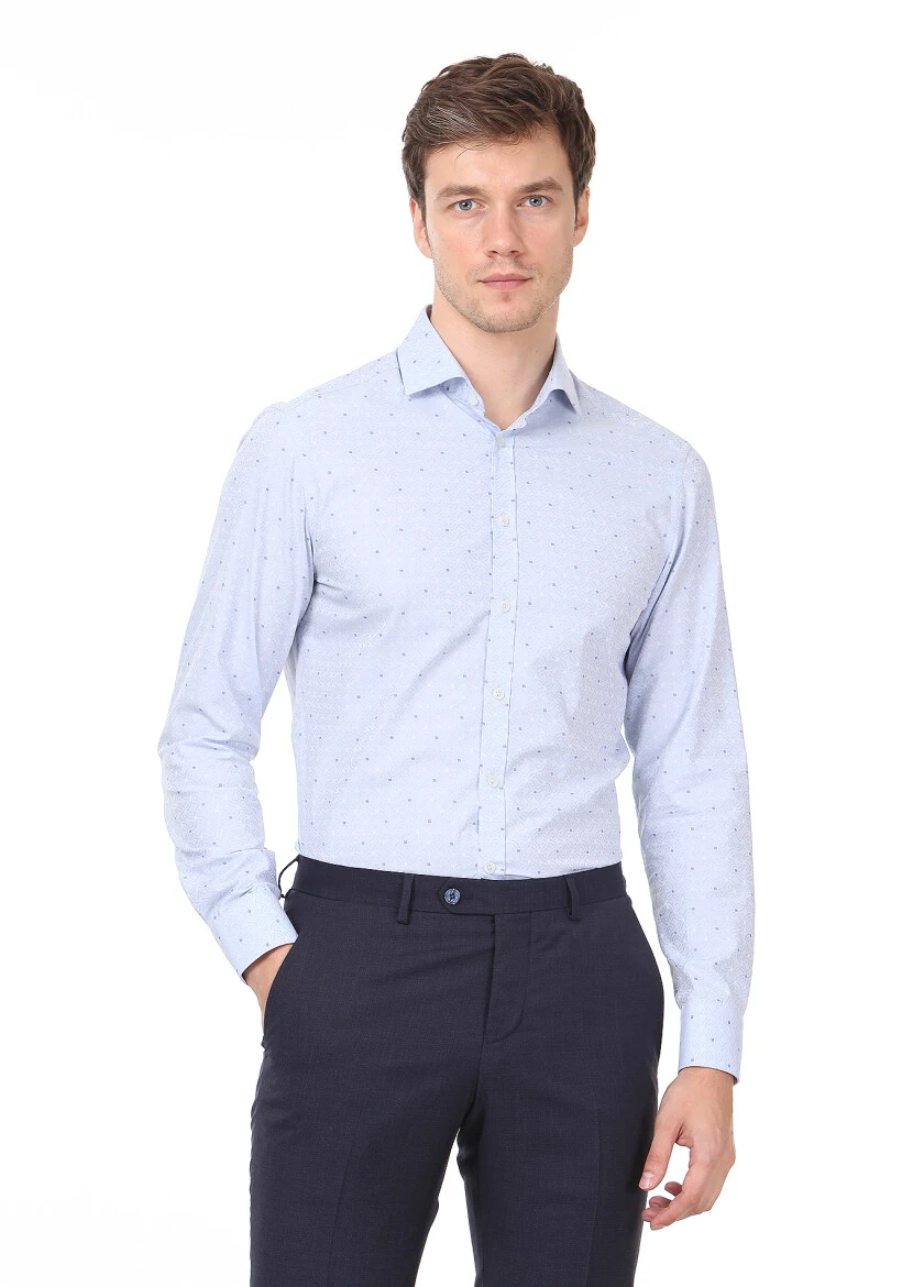Blue Patterned Slim Fit Weaving Classical 100% Cotton Shirt - 1