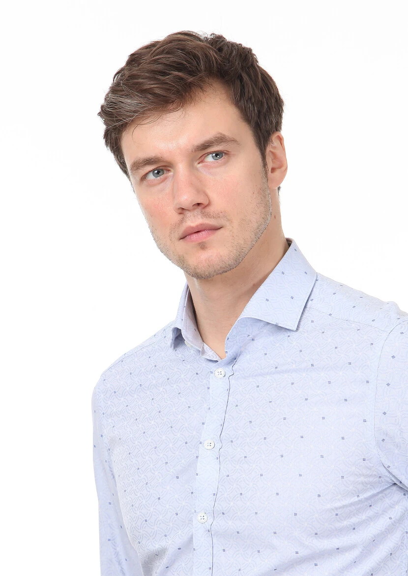 Blue Patterned Slim Fit Weaving Classical 100% Cotton Shirt - 2