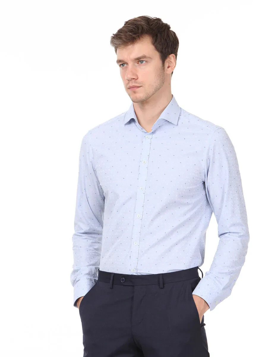 Blue Patterned Slim Fit Weaving Classical 100% Cotton Shirt - 3