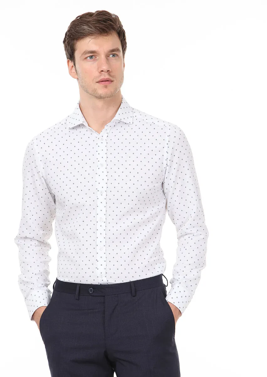 Blue Patterned Slim Fit Weaving Classical 100% Cotton Shirt - 1