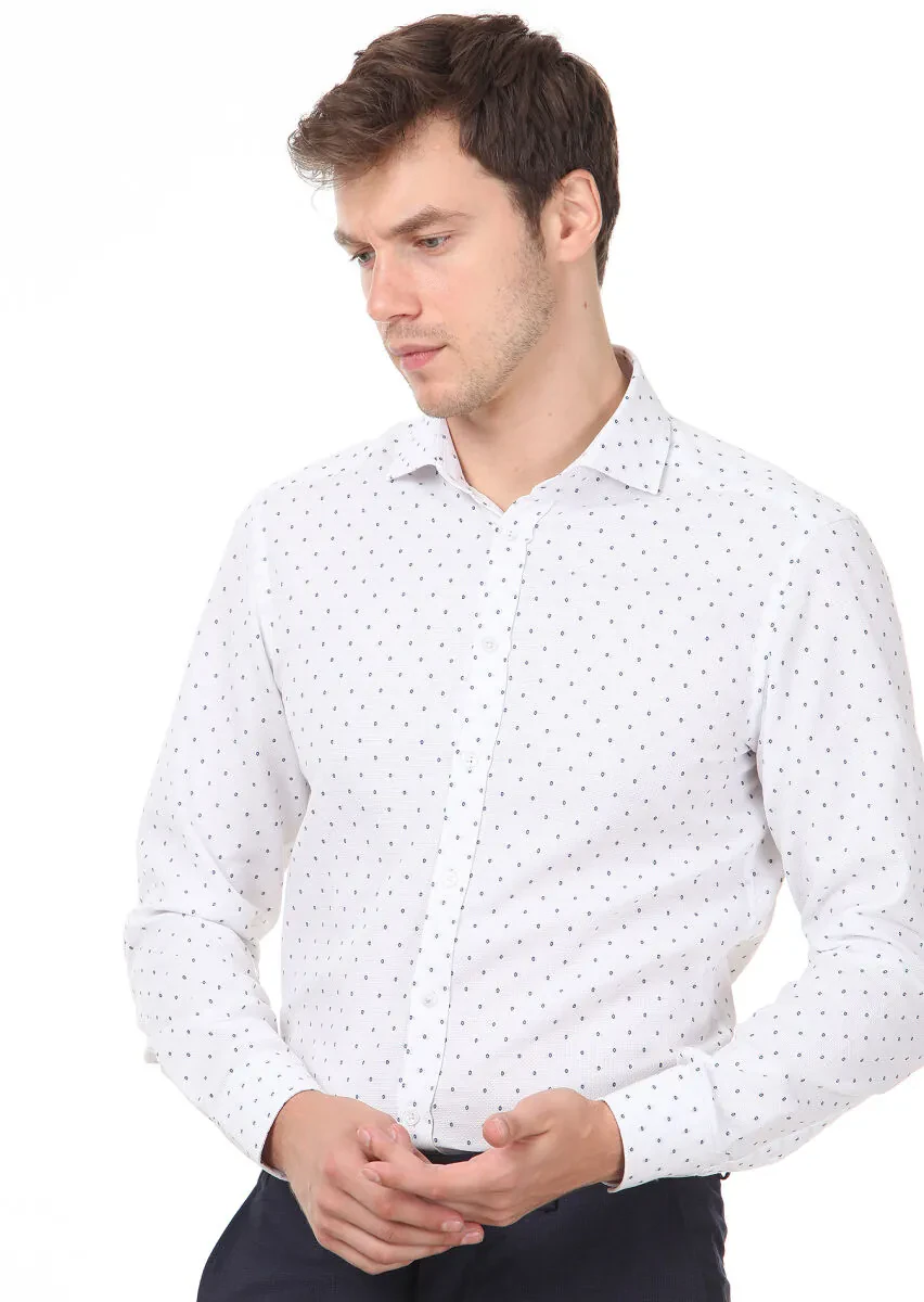 Blue Patterned Slim Fit Weaving Classical 100% Cotton Shirt - 2
