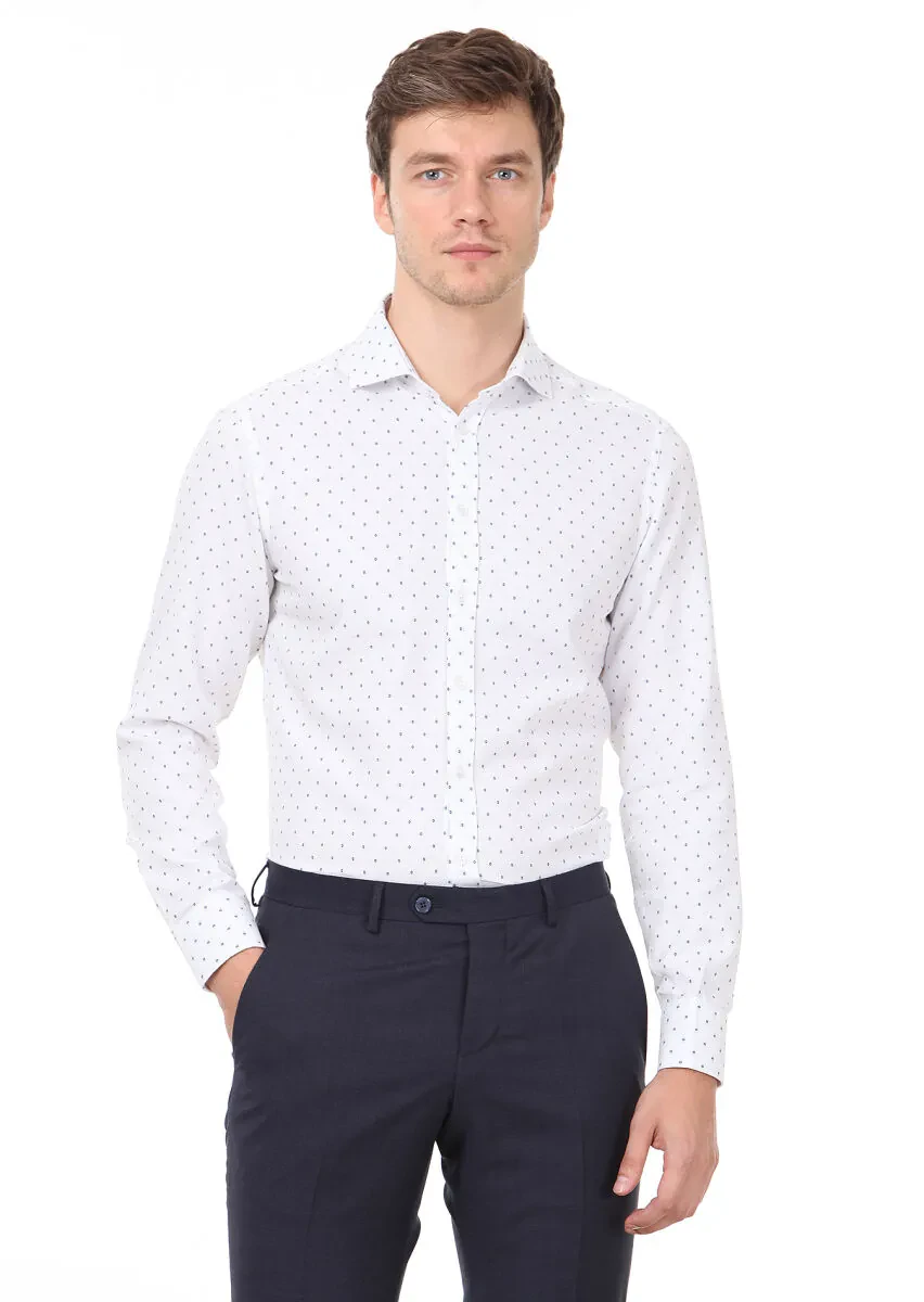 Blue Patterned Slim Fit Weaving Classical 100% Cotton Shirt - 3