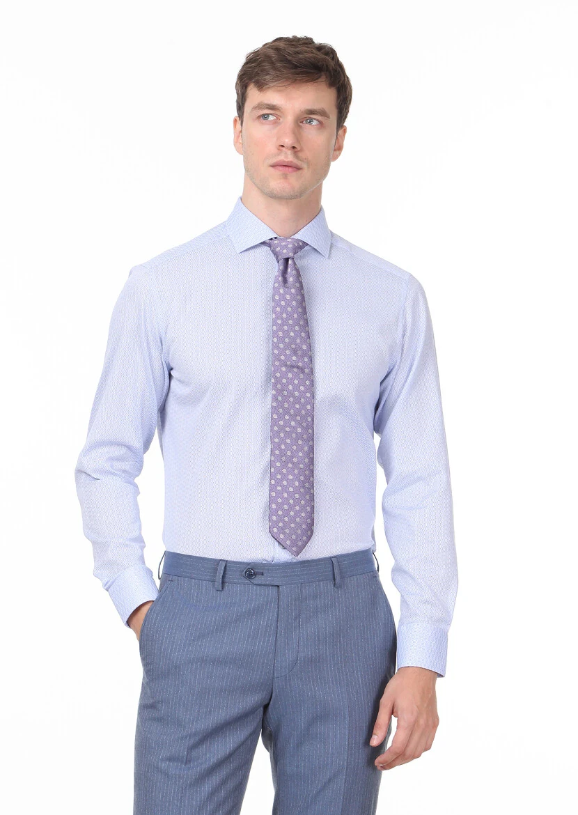 Blue Patterned Slim Fit Weaving Classical 100% Cotton Shirt - 1