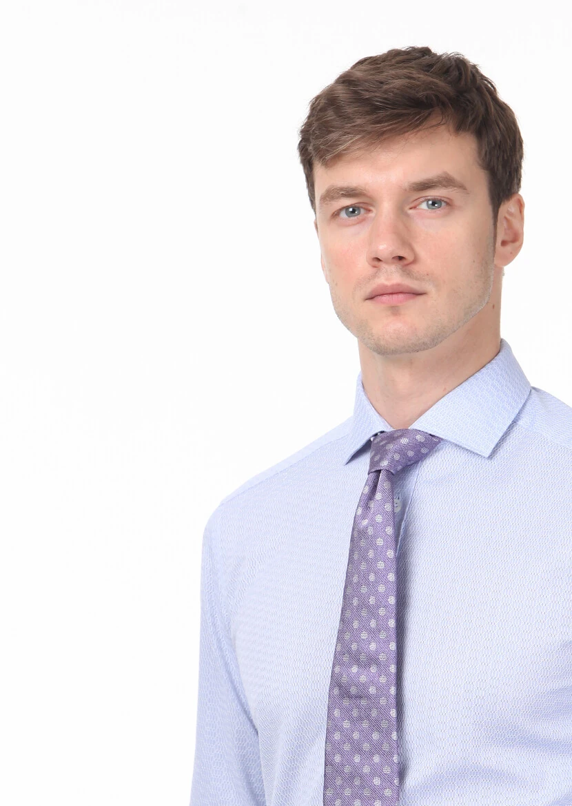 Blue Patterned Slim Fit Weaving Classical 100% Cotton Shirt - 2