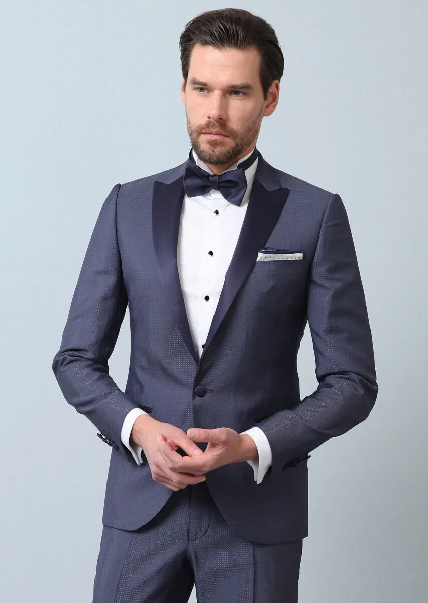 Blue Patterned Slim Shawl Collar Weaving Tuxedo - 1