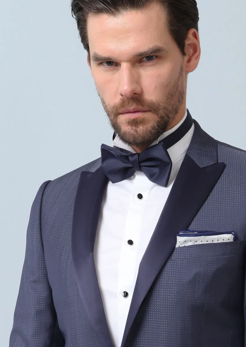 Blue Patterned Slim Shawl Collar Weaving Tuxedo - 2