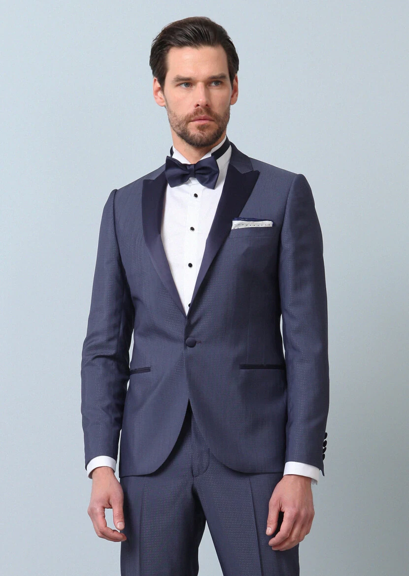 Blue Patterned Slim Shawl Collar Weaving Tuxedo - 3