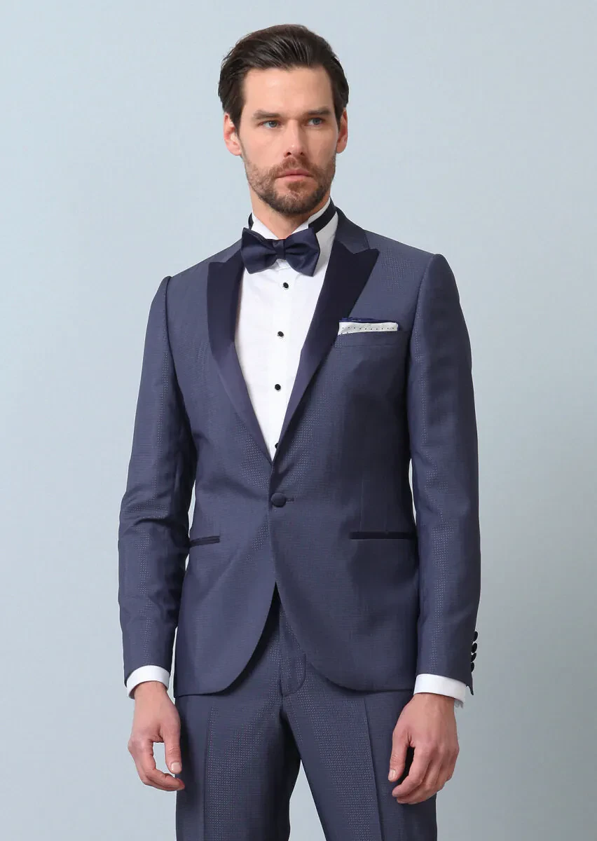 Blue Patterned Slim Shawl Collar Weaving Tuxedo - 3