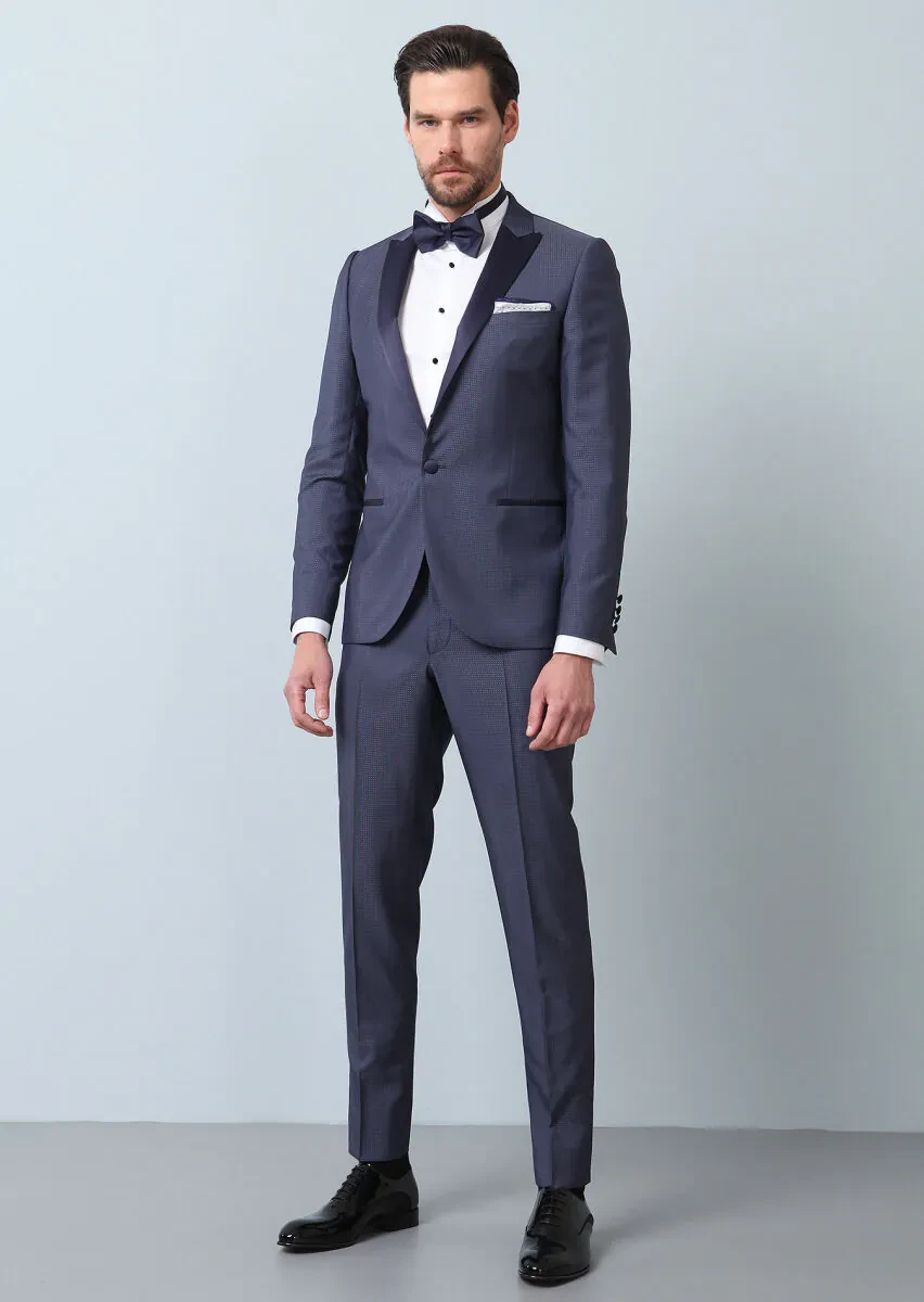 Blue Patterned Slim Shawl Collar Weaving Tuxedo - 4