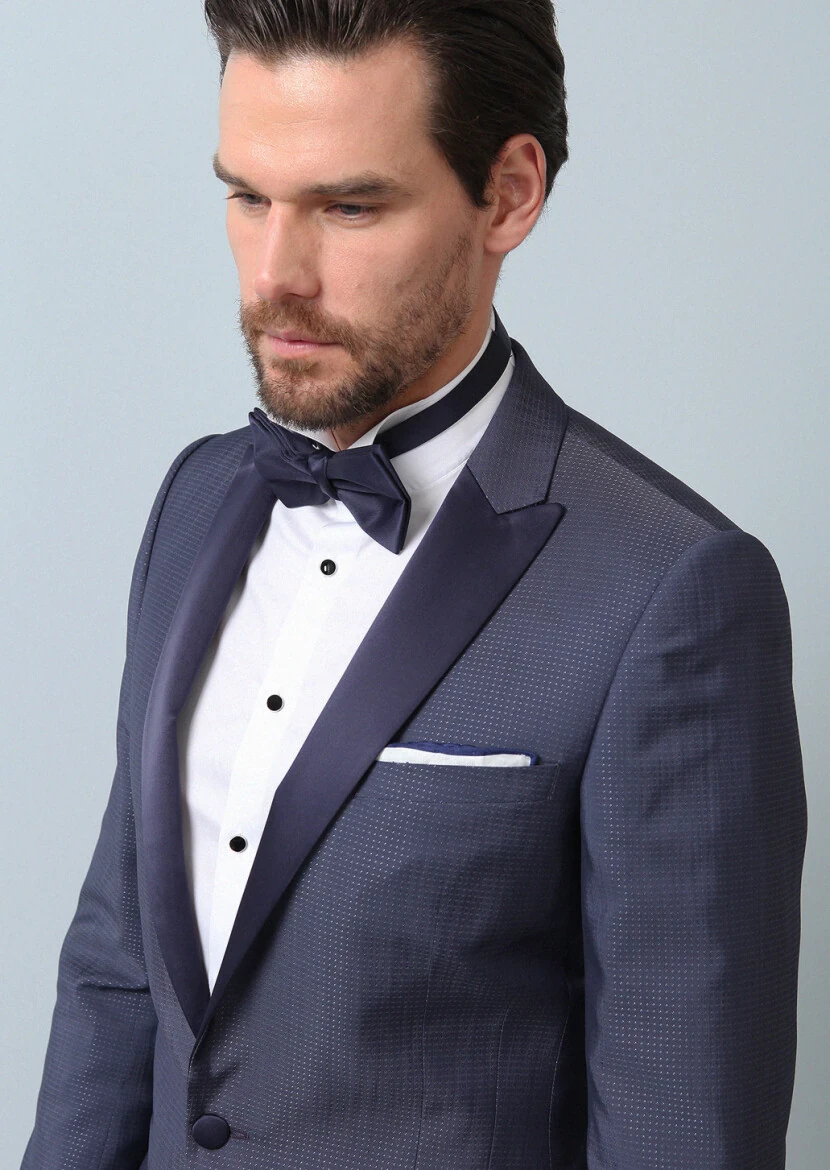 Blue Patterned Slim Shawl Collar Weaving Tuxedo - 5