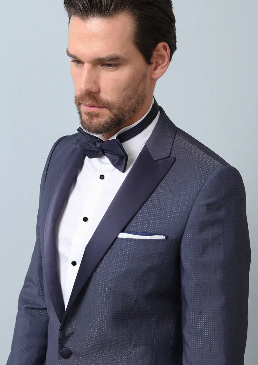 Blue Patterned Slim Shawl Collar Weaving Tuxedo - 5