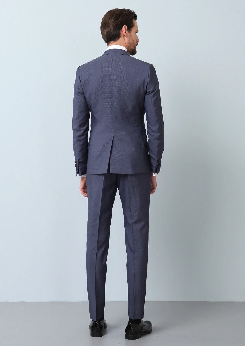 Blue Patterned Slim Shawl Collar Weaving Tuxedo - 6