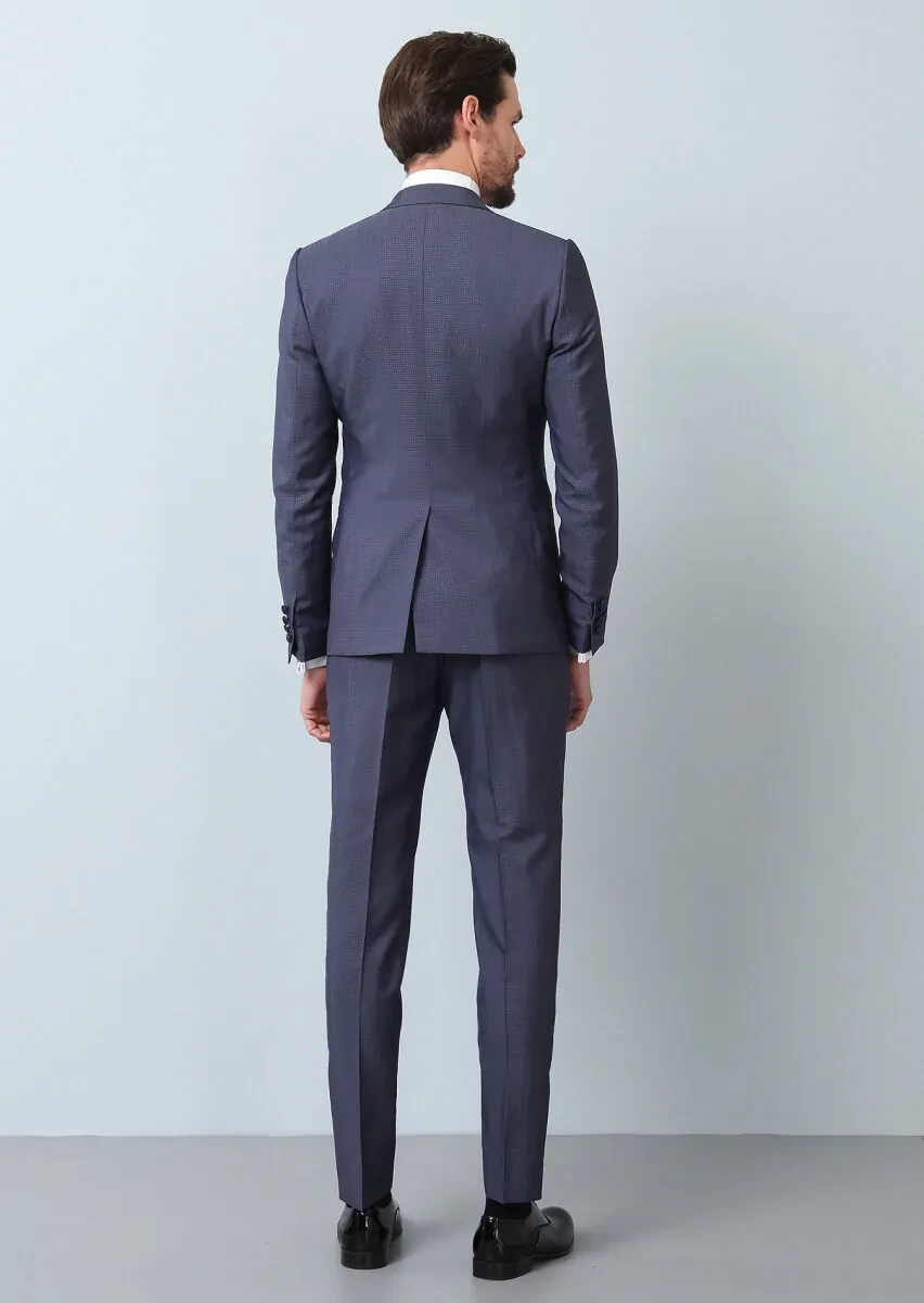 Blue Patterned Slim Shawl Collar Weaving Tuxedo - 6