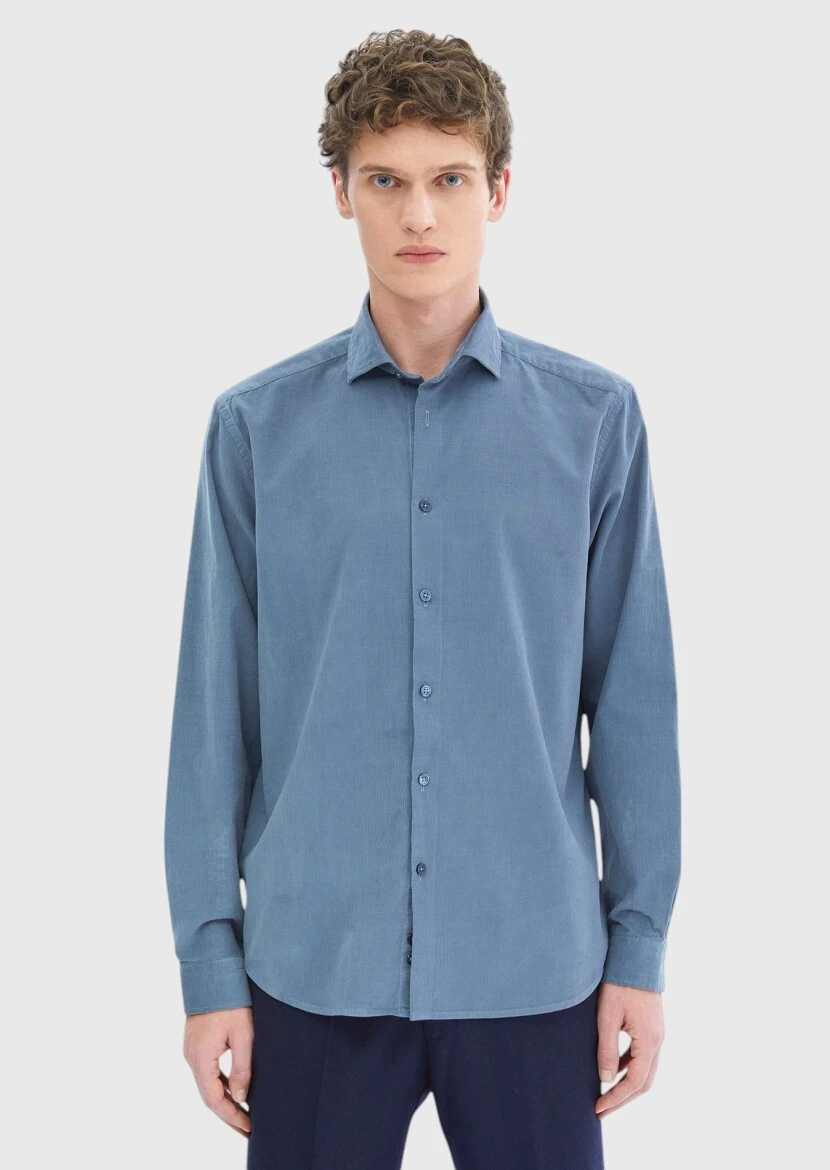 Blue Plain Casual Fit Weaving Casual 100% Cotton Shirt - RAMSEY