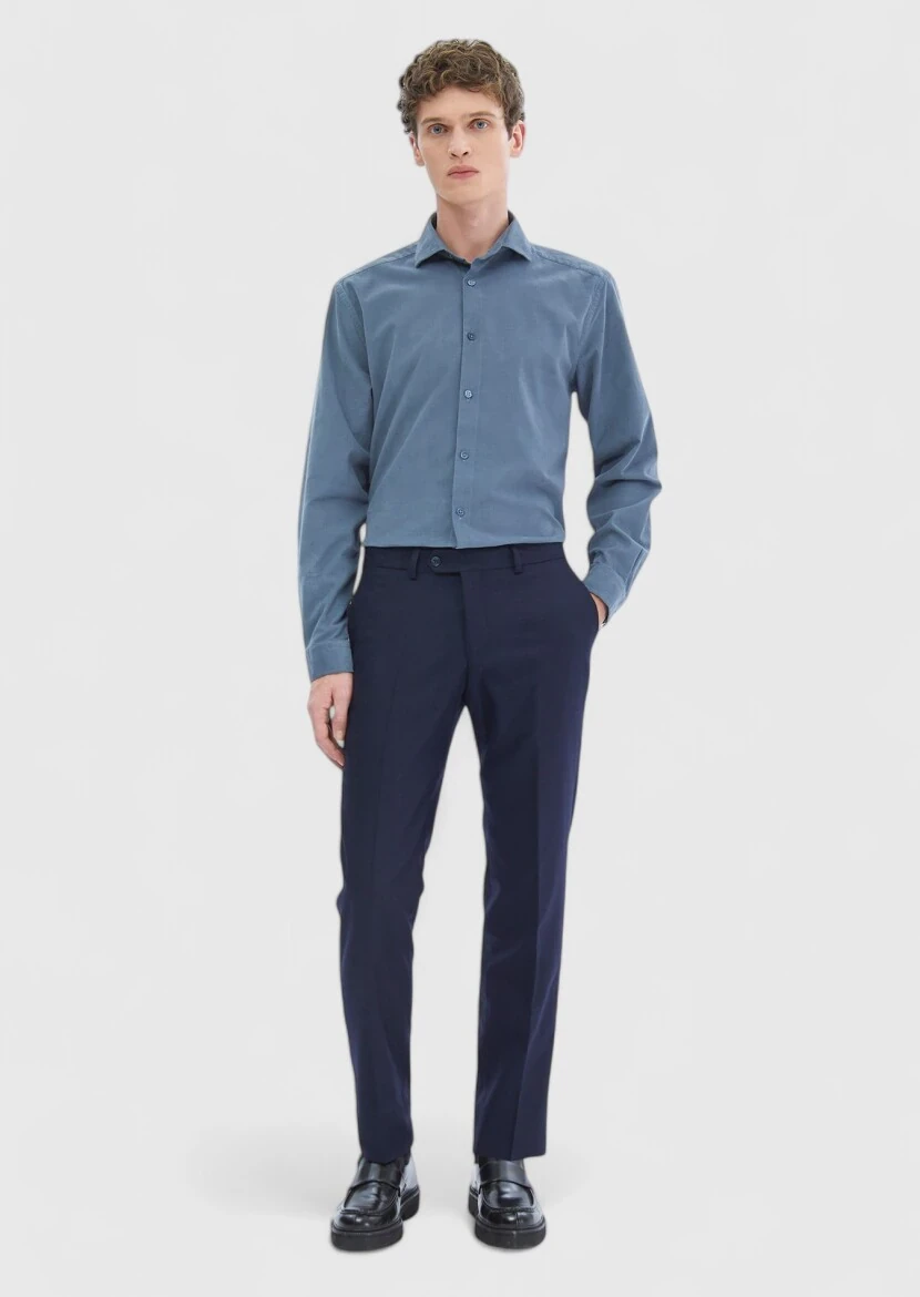 Blue Plain Casual Fit Weaving Casual 100% Cotton Shirt 