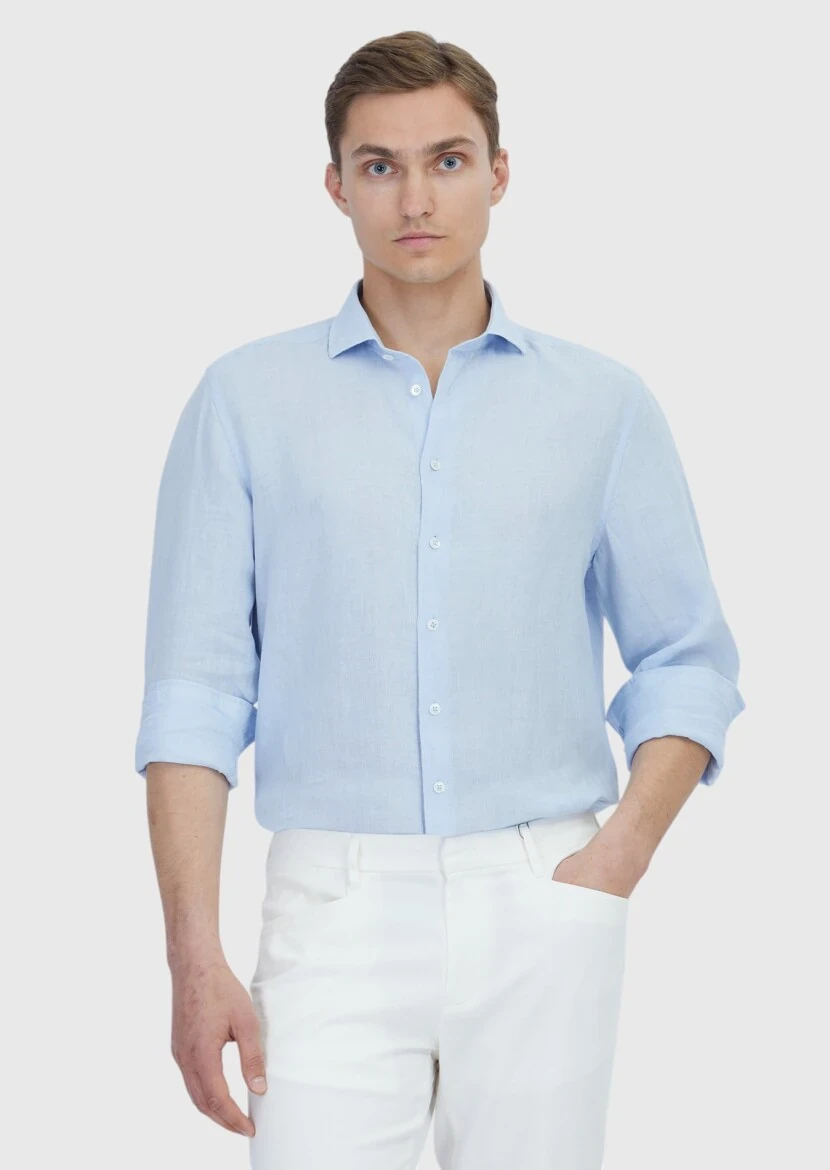 Blue Plain Casual Fit Weaving Casual 100% Linen Shirt - RAMSEY