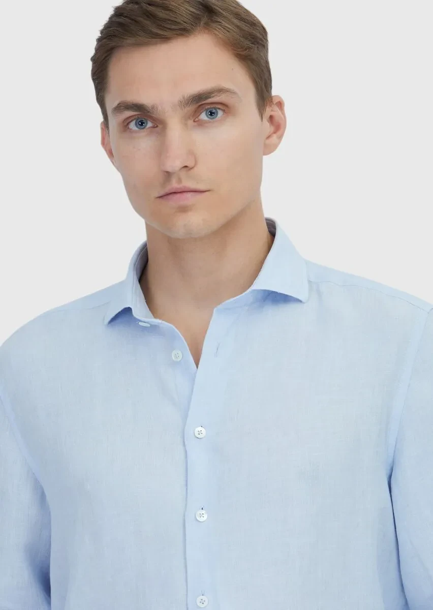 Blue Plain Casual Fit Weaving Casual 100% Linen Shirt - 3