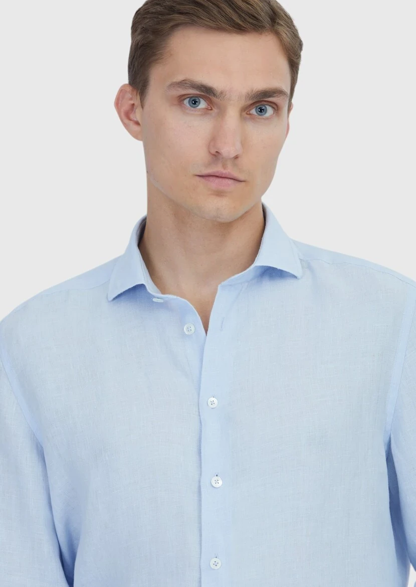 Blue Plain Casual Fit Weaving Casual 100% Linen Shirt - 4