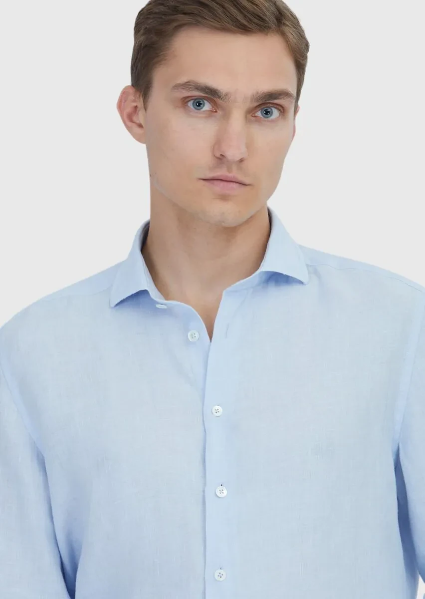 Blue Plain Casual Fit Weaving Casual 100% Linen Shirt - 4