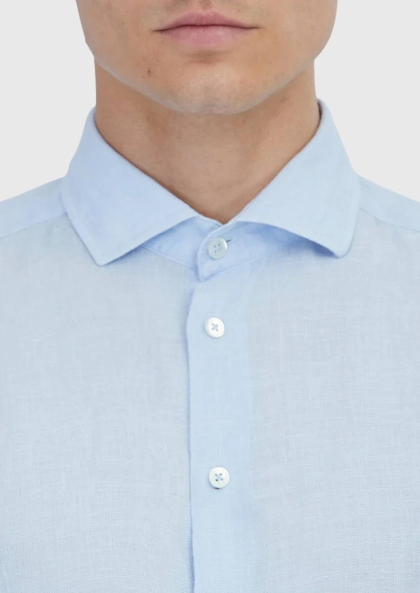 Blue Plain Casual Fit Weaving Casual 100% Linen Shirt - 5