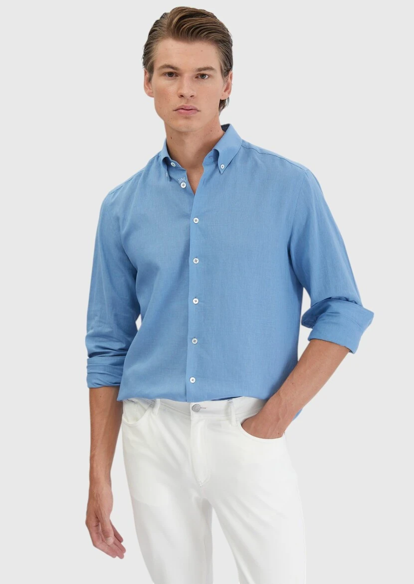 Blue Plain Casual Fit Weaving Casual Cotton Blended Shirt - RAMSEY