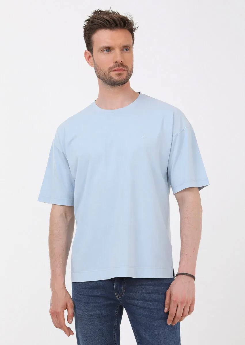 Blue Plain Crew Neck 100% Cotton T-Shirt - 1