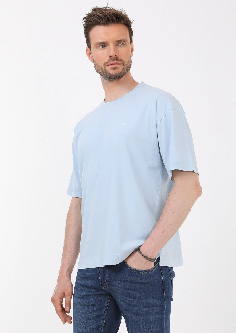 Blue Plain Crew Neck 100% Cotton T-Shirt - 3