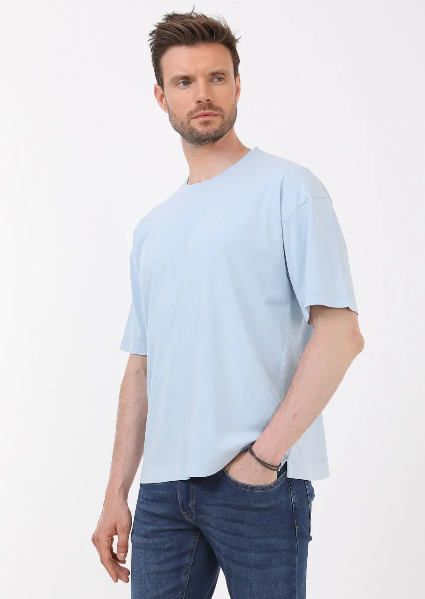 Blue Plain Crew Neck 100% Cotton T-Shirt - 3