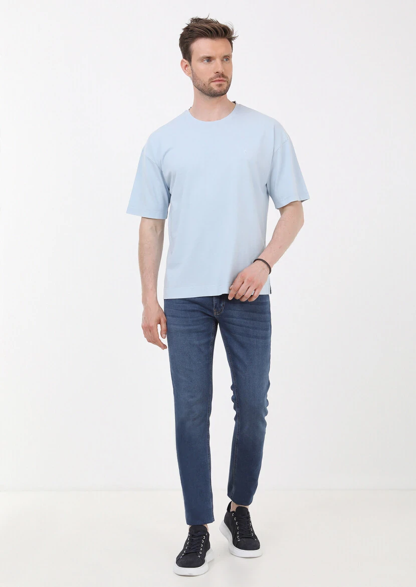 Blue Plain Crew Neck 100% Cotton T-Shirt - 4