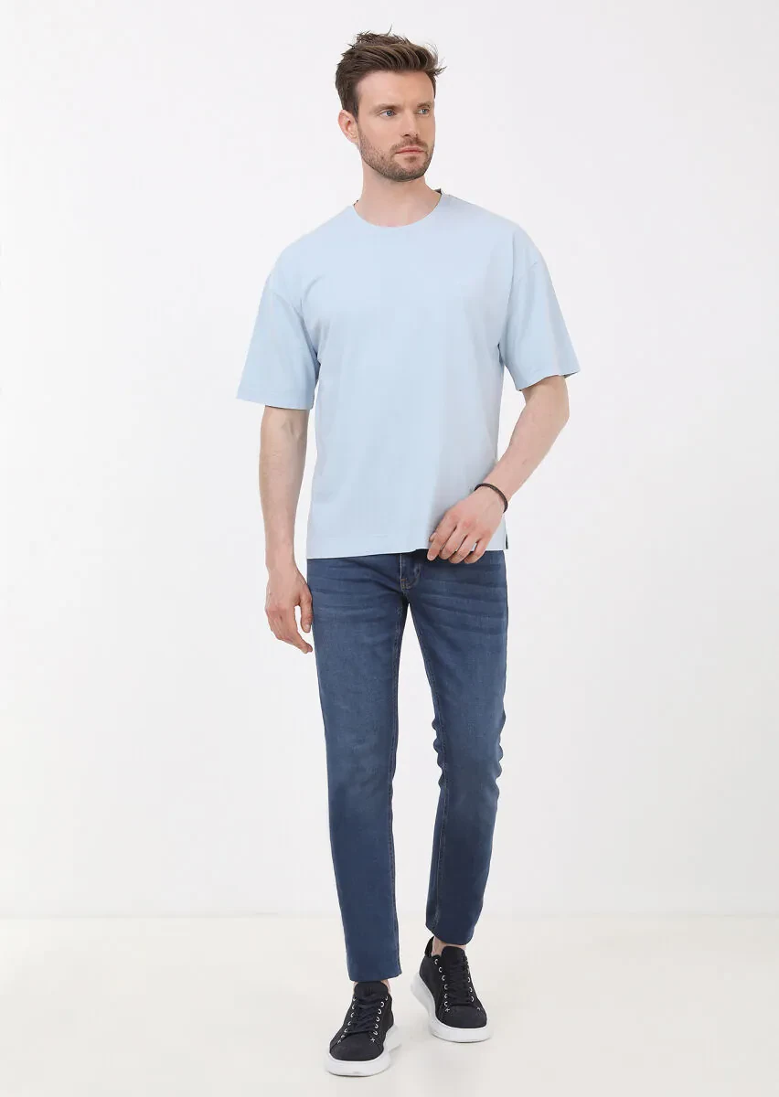 Blue Plain Crew Neck 100% Cotton T-Shirt - 4