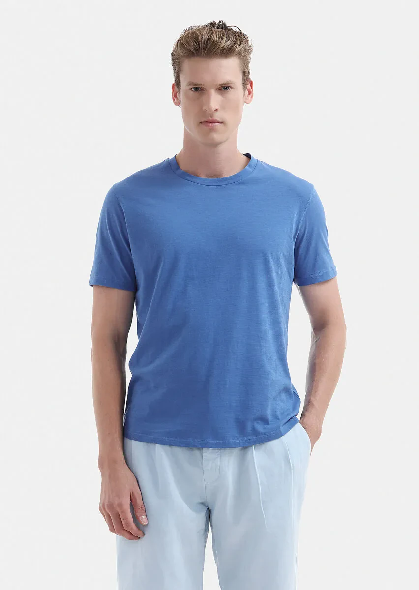 Blue Plain Crew Neck 100% Cotton T-Shirt - 1