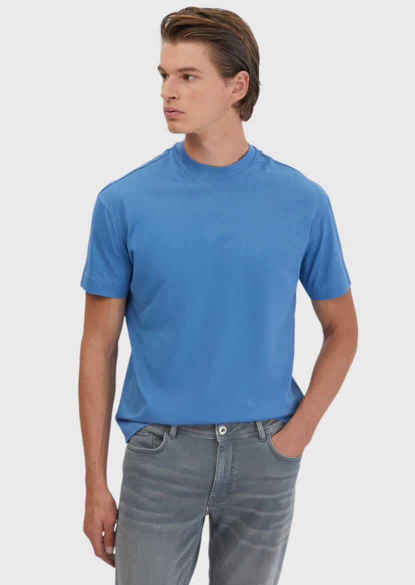 Blue Plain Crew Neck 100% Cotton T-Shirt - RAMSEY