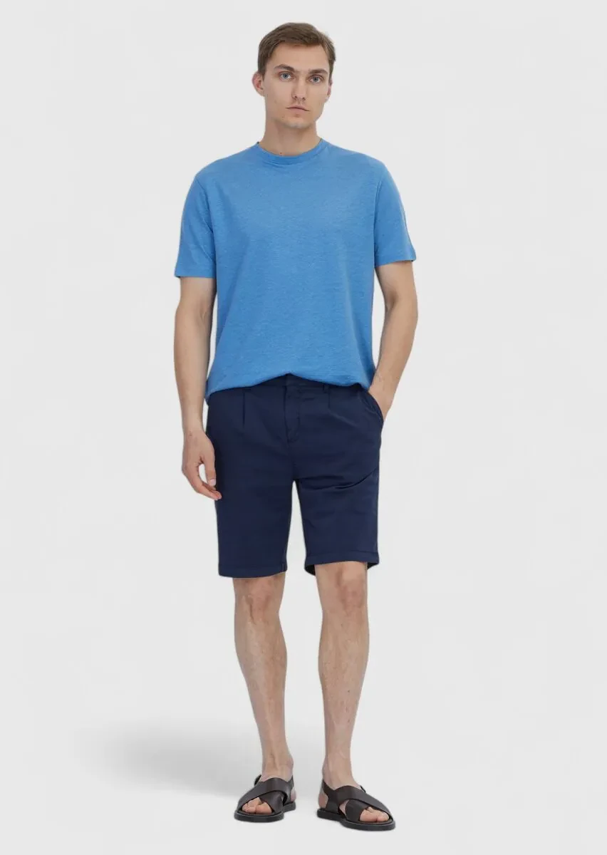 Blue Plain Crew Neck 100% Linen T-Shirt - 2