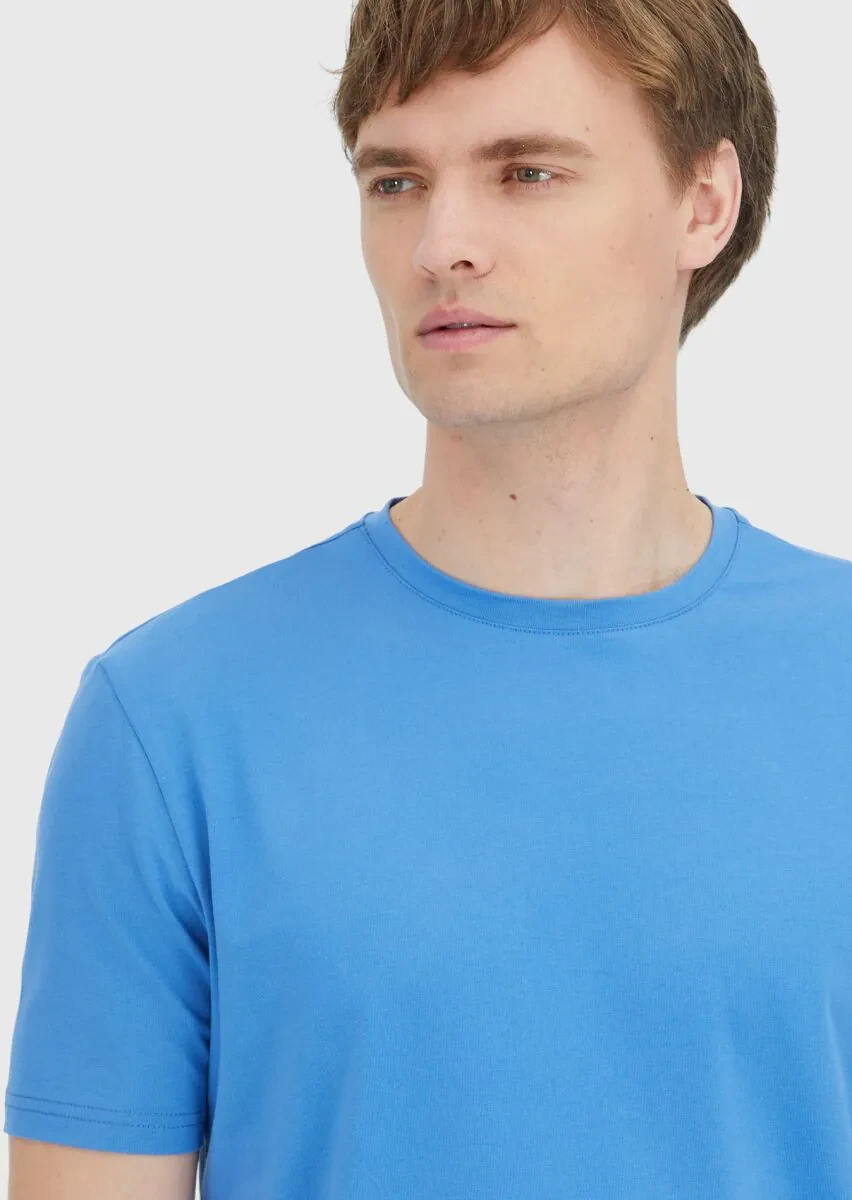 Blue Plain Crew Neck Cotton Blended T-Shirt - 3