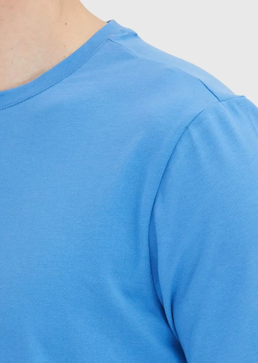 Blue Plain Crew Neck Cotton Blended T-Shirt - 4