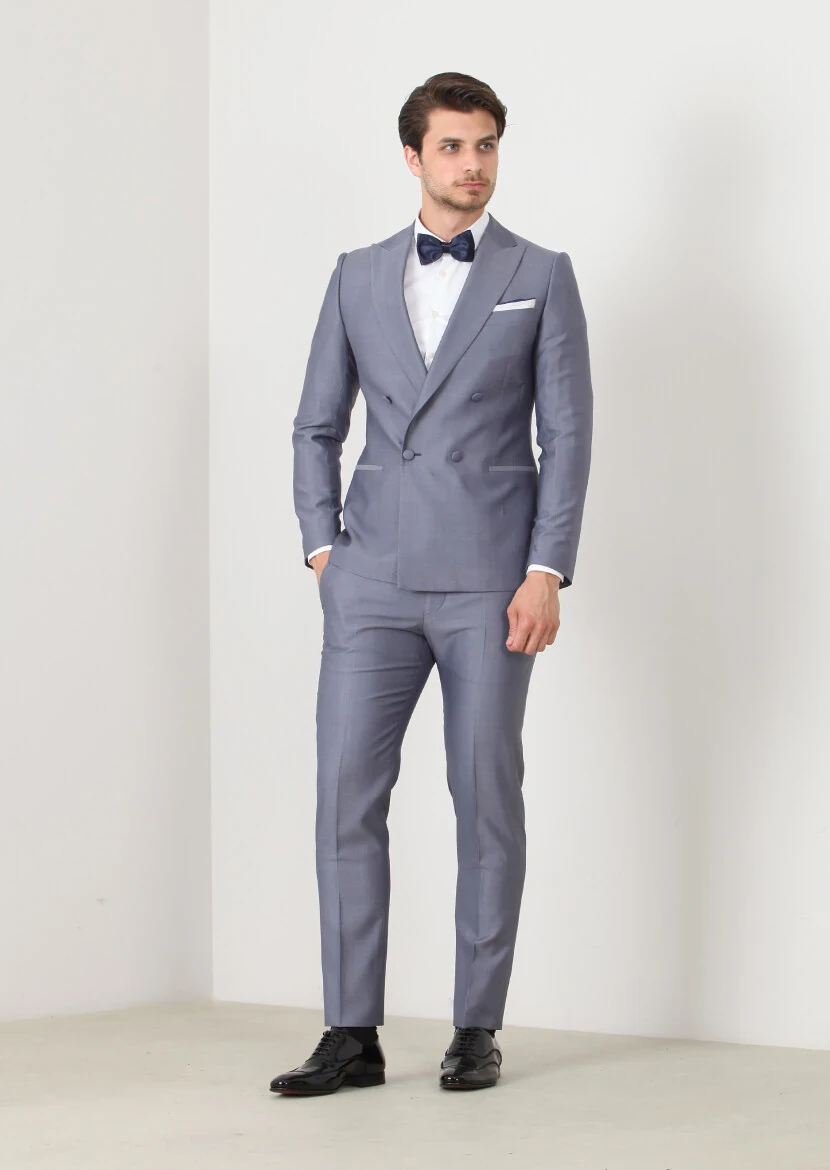 Blue Plain Fashion Slim Fit Double Breasted Collar Weaving Tuxedo - 1